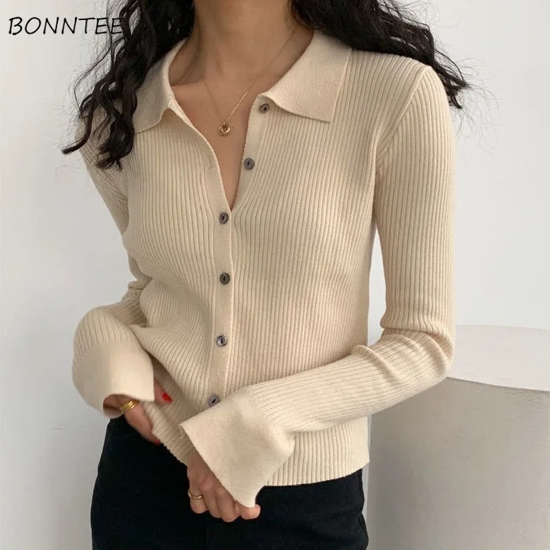 Cardigan Women Solid Color Sweater Turn-down Collar Single Breasted Japanese Style Minimalist Elegant Office Ladies Clothing Ins