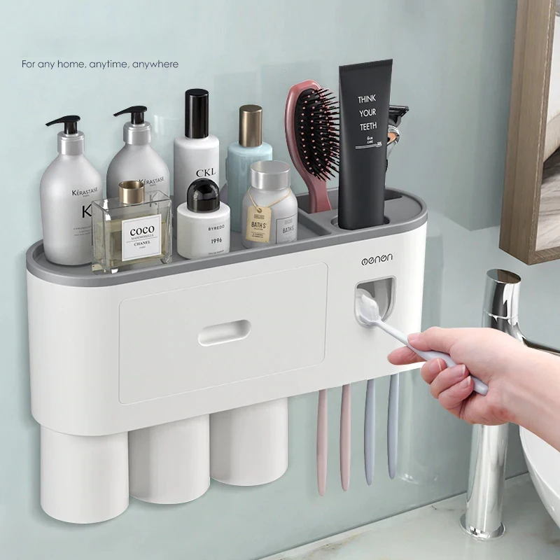 Magnetic Toothbrush Holder No Drill Wall Storage Rack Automatic Toothpaste Squeezer Home Organizer Bathroom Accessories