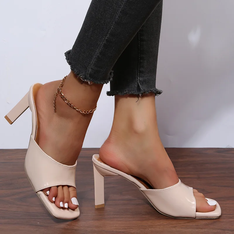 New Korea Concise Thick Heel Women's Slippers Summer Open Toe Outdoor Slippers PU Leather Fashion High Heels Shoes Women