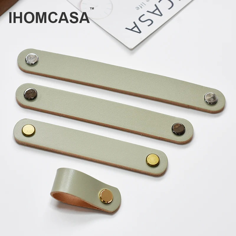 IHOMCASA Gray Cowhide Handle Nordic Modern Style  Furniture Drawer Child Door Knobs Cupboard Kitchen Shoe Cabinet Leather Pulls image 2
