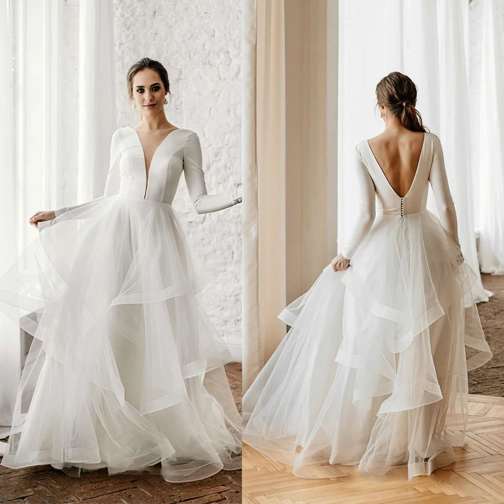 Simple Deep V-Neck Tulle Wedding Dress Long Sleeves Backless Satin Wedding Gown 2022 Elegant Tiered Bridal Dress