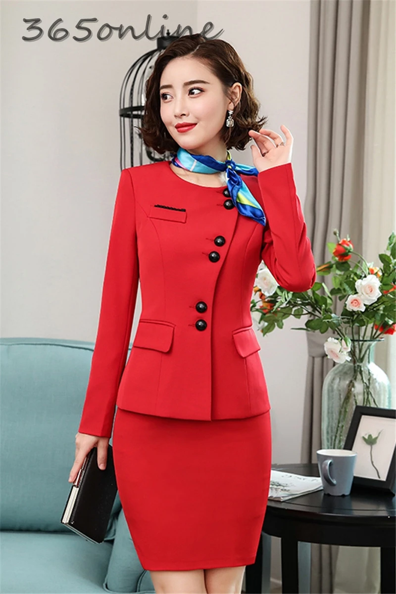 Novelty Red Formal Women Business Suits with Skirt and Jackets Coat Professional Office Ladies Blazers OL Styles with Scarf