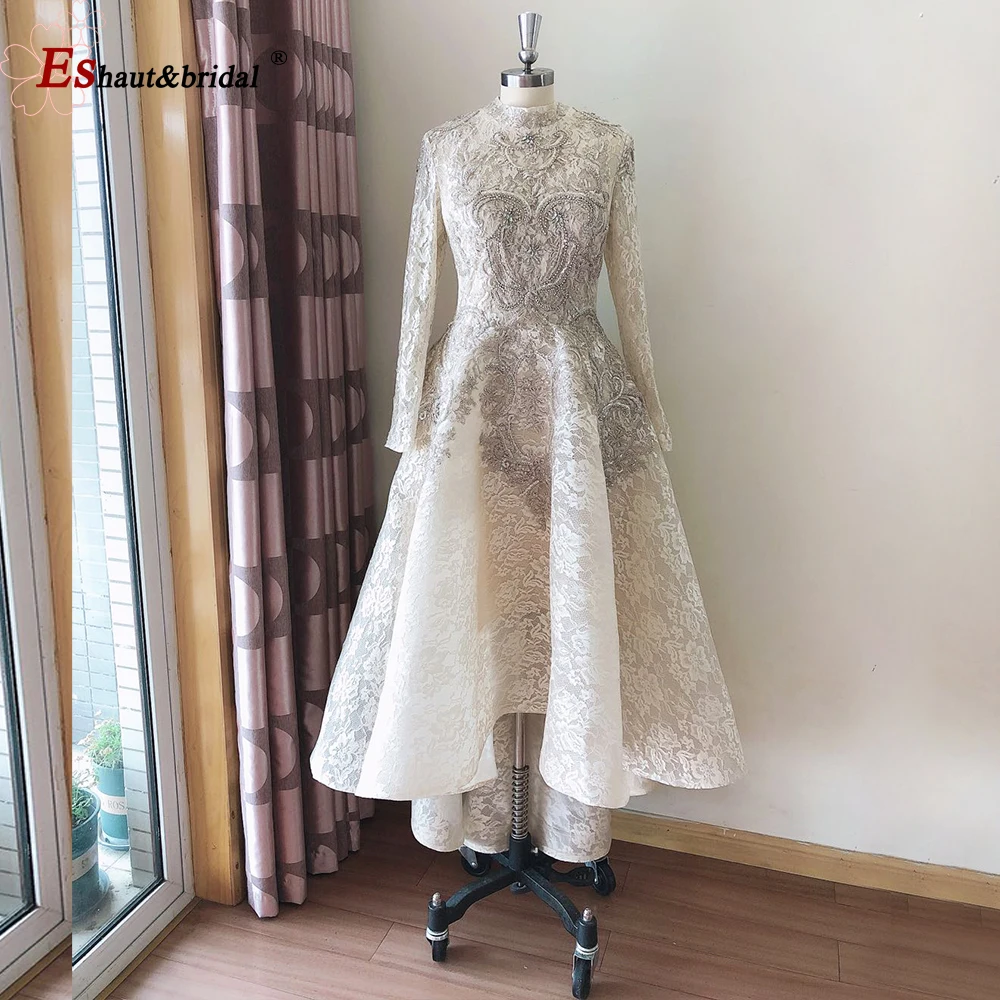 Rendas de luxo applique noite vestido 2022 muçulmano mangas compridas aline contas alta pescoço feito à mão formal casamento baile festa vestido