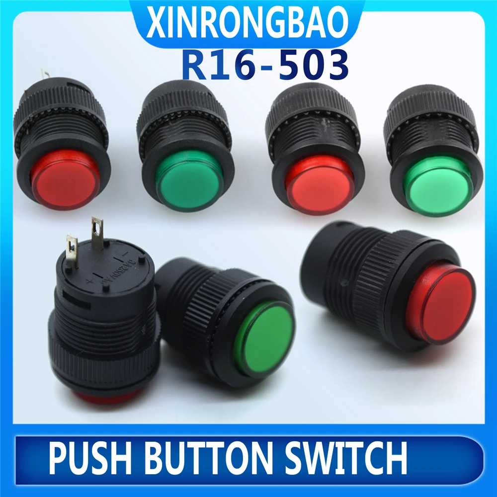 

5pcs push button switch with light, jog reset, self-locking switch, round red and green R16-503 A/ AD/ B/ BD 4 feet 2 feet 16MM