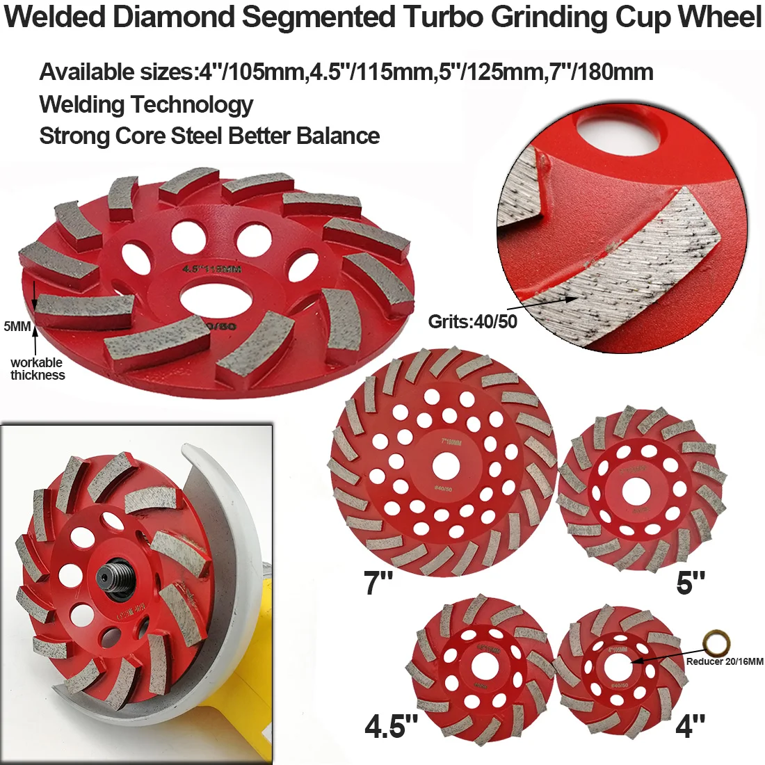 SHDIATOOL Dia125MM diamond grinding wheel masonry for concrete  material, 5 inch  Segmented Turbo cup grinding disc