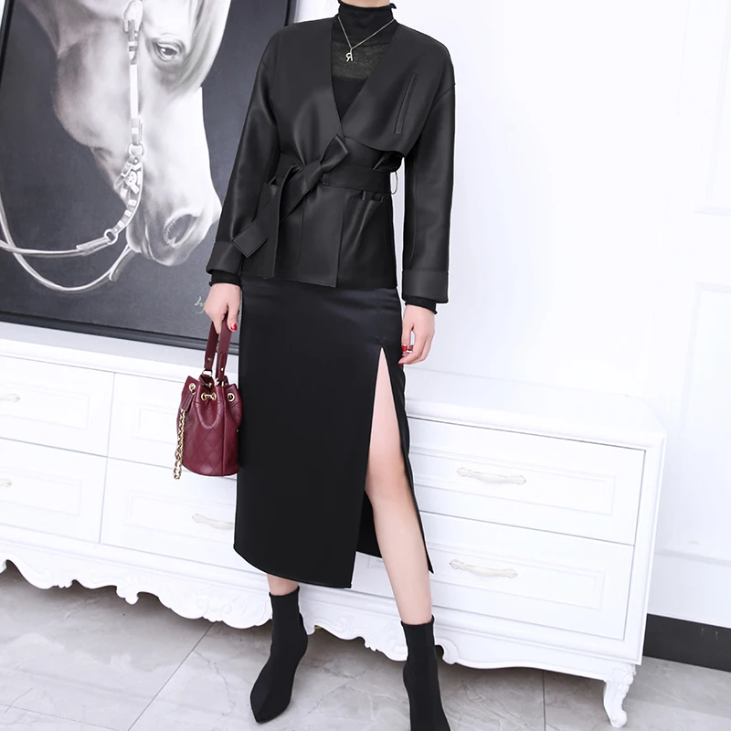 Women Genuine Leather Jacket Female Japanese Chic Deep V-neck Coat With Belt Wine Red Long-sleeved Veste Femme Popa De Mujer