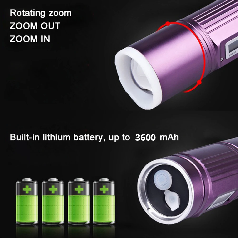 Powerful Portable LED Flashlight 4 Color Q5 LED Rechargeable Fishing Light Support Zoom with Battery Display Waterproof Torch