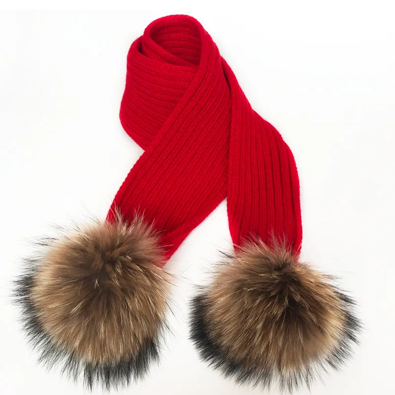 2021 Real Raccoon Fur Pompon Winter Hat Skullies Girl Pom Pom Beanie Warm Knitted Bobble Fur Pompom Hat and Scarf Set Children