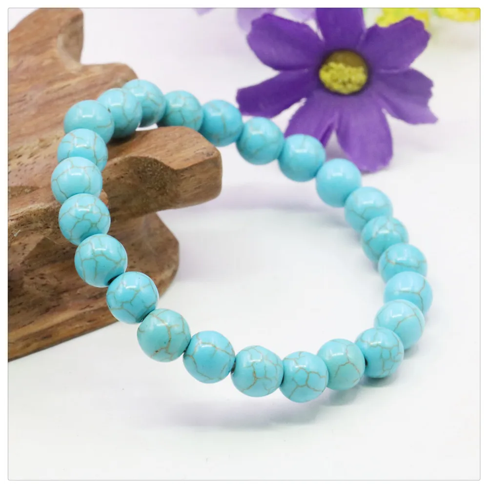 8mm Blue Round Turkey Turquoises Beaded Bracelet Women Men Girls Lace-up Elastic Jewelry Making Design Hand Ornaments Gifts