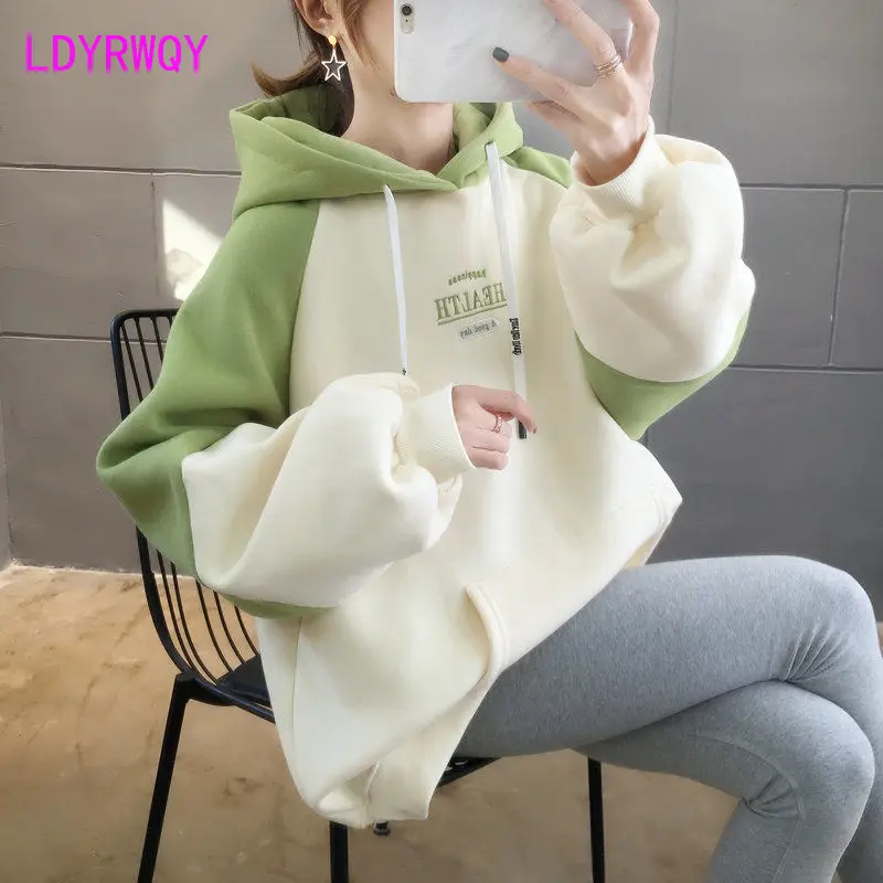 2022 women\'s hooded sweater autumn and winter Korean style loose and velvet lazy student