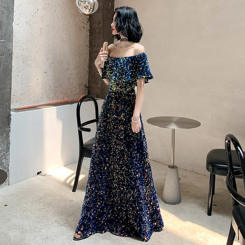 

New Sequins Evening Dress Long Vintage Prom Dress Shiny Off the Shoulder Gown A- Line Banquet Formal Party Dress