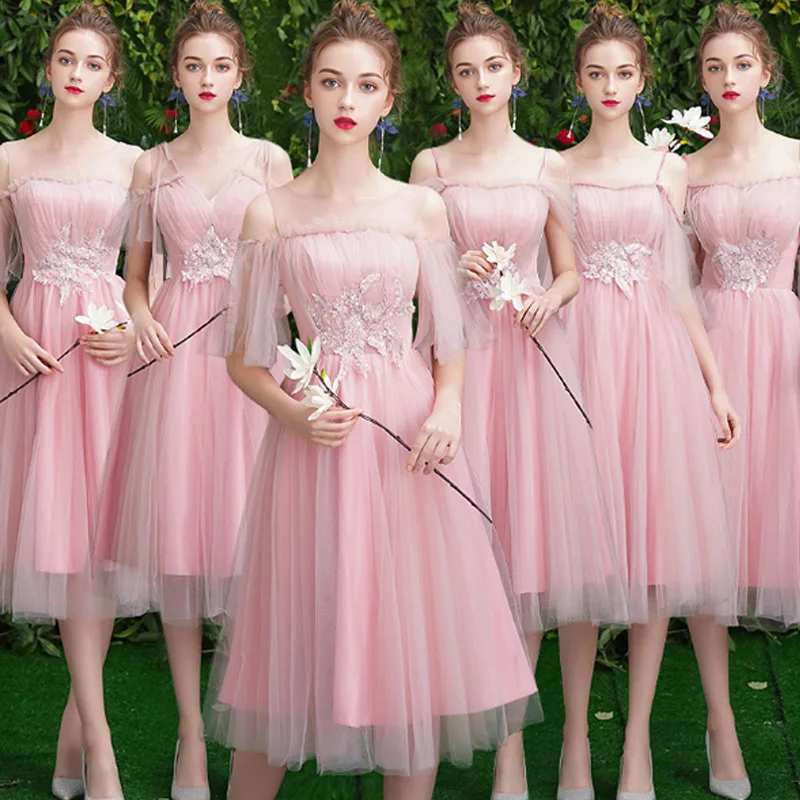 

A-Line Bridesmaid Dress Pink Tulle Vestido de Fiesta Elegant T-Length Dress Robe de Soiree Formal Prom Dress TS-004