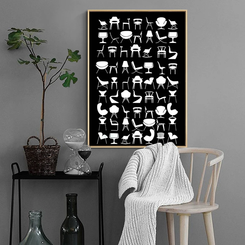 Chair Poster - History of Chairs - Retro Chairs - Furniture Art - Chair silhouettes - Iconic chairs - Barcelona eames chairs Can