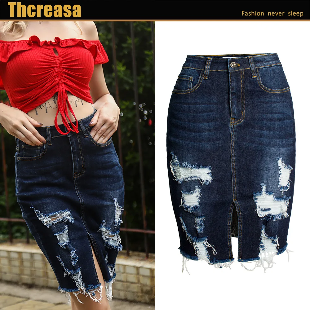 

European and American New Washed Fringed Fringed Denim Skirt Women's Bag Hip Skirt