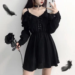 Women Dress M-4XL Lace Up Black Autumn 2024 Sexy High Waist Femme Dresses Off Shoulder Long Sleeve Gothic Clothes