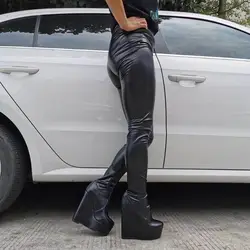 Real Photo Jumpsuit Platform Leather Sexy Pantyhose Crotch Boots Chunky High Heels Pants Bottes Pants Shoes Women Overknee