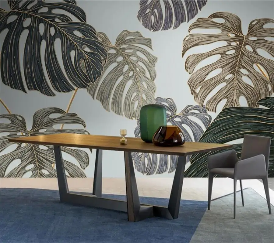 wellyu Customized large mural 3d Nordic light luxury simple tropical plant leaf TV background living room bedroom wallpaper