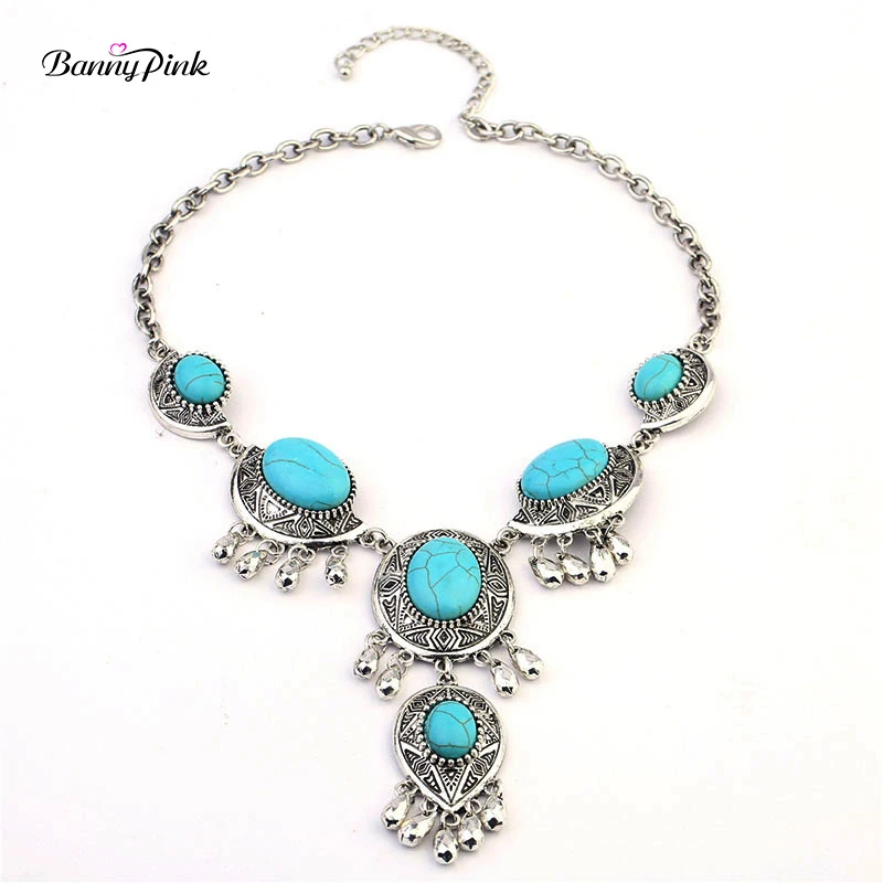 Banny Pink Bohemia Turquoises Necklace For Women Ethnic Carved Geo Statement Choker Collar Big Cluster Stone Y Choker Necklace