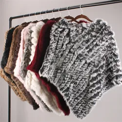 100% echt Kaninchen Gestrickt Fell Poncho Weste Wrap Mantel Dreieck schal Weibliche Natürliche Pelz Hochzeit Großhandel Dame Bunte Warme