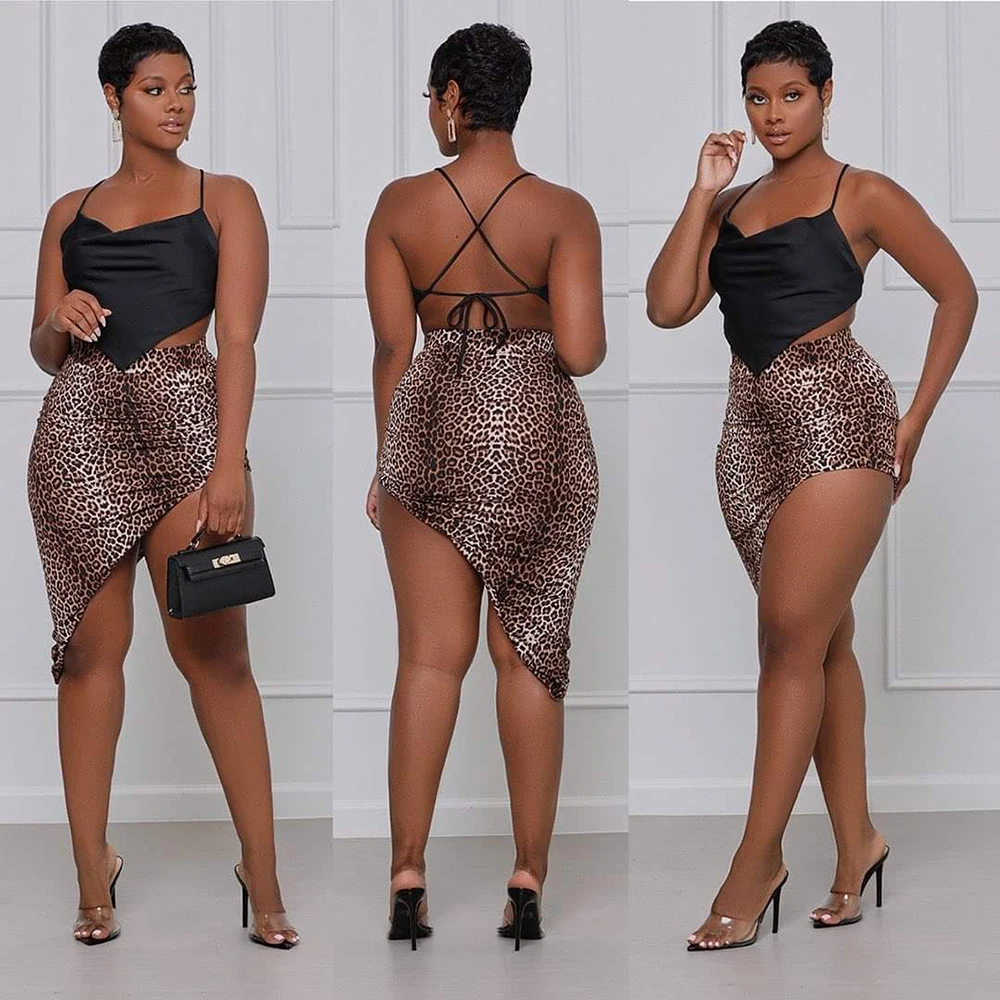 Sexy Africaine Femme Two Pieces Suits Women Fashion Backless Tops Leopard Matching Sets Chic Ladies Clothes For Evening Party