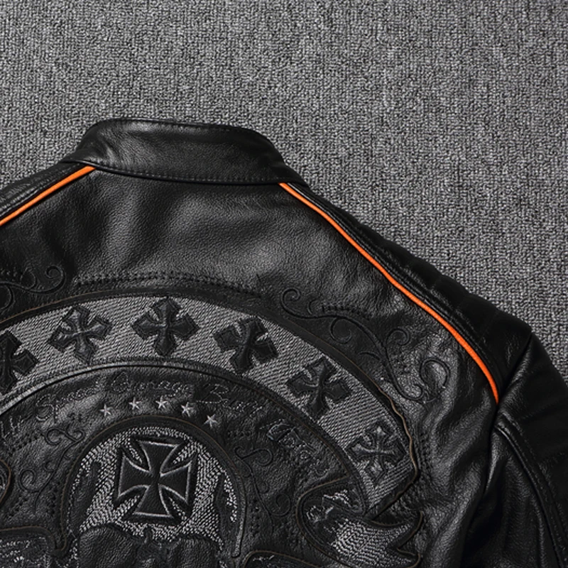 2023 New Skull Embroidery Men\'s First Layer Cowhide Leather Jacket Motorcycle Slim  Oversize Coat