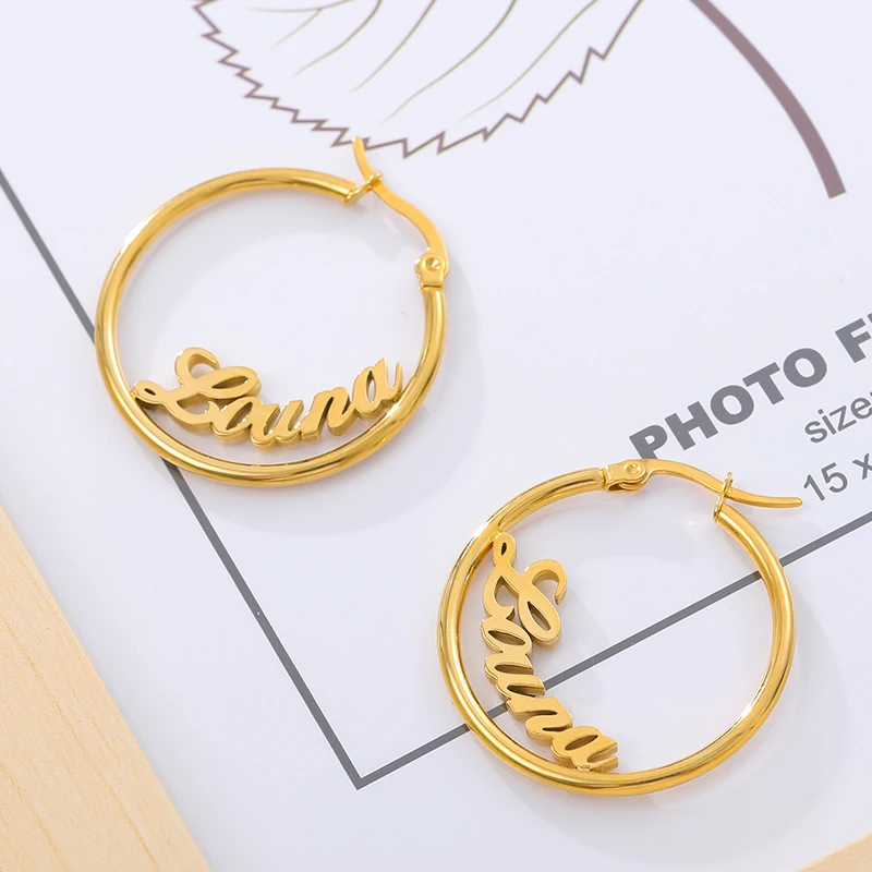 

1 Pair Stainless Steel Custom Name Earrings Personalized Big Nameplate Handmade Jewelry For Women Girls Round Circle Oorbellen