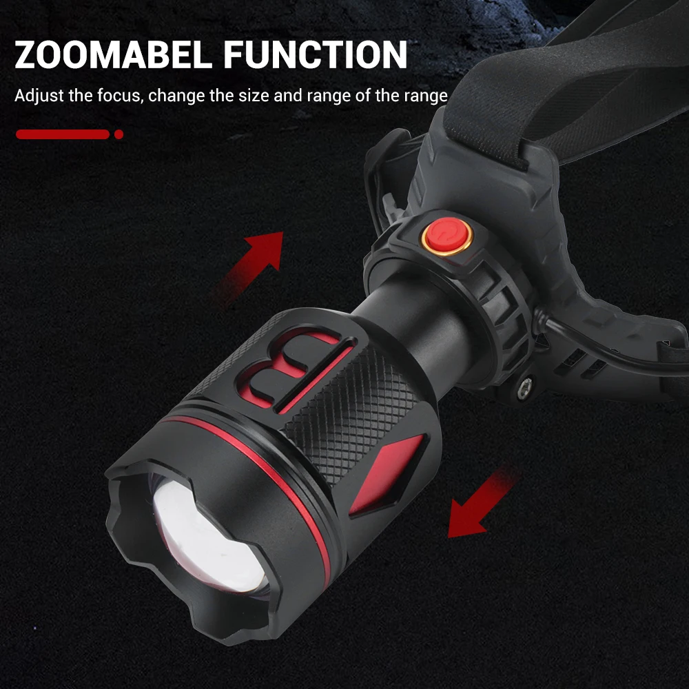 BORUiT-linterna frontal LED con zoom P70, faro superbrillante de 3000LM, recargable tipo C, resistente al agua, para pesca y acampada