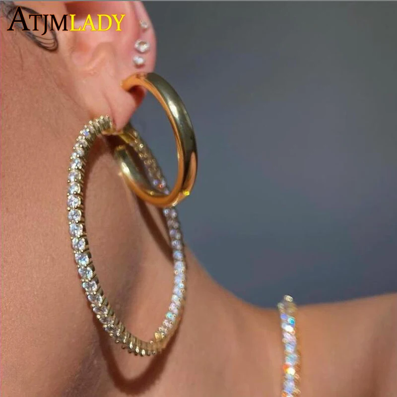 55mm Big Hoop Earrings For Women Round Circle Iced Out Bling 5A Cz Cubic Zirconia Earring Jewelry Fashion Female Wedding Gift