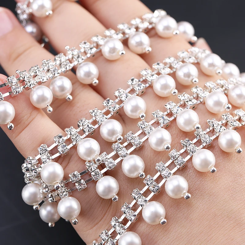 QIAO Rhinestone Pearl Chain DIY Crystal Trim Sew/Glue on Decorative Chain Ribbon For Rhinestones Garment Needlework Decorations