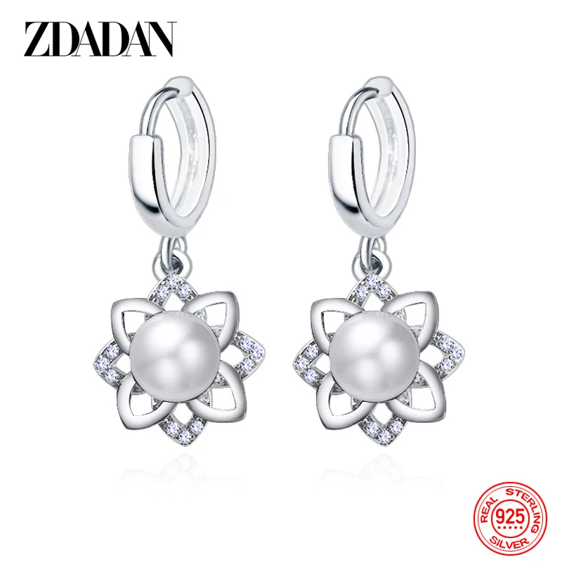 ZDADAN 925 Sterling Silver Vintage Floral Pearl Drop Earrings For Women Fashion Wedding Jewelry Gift