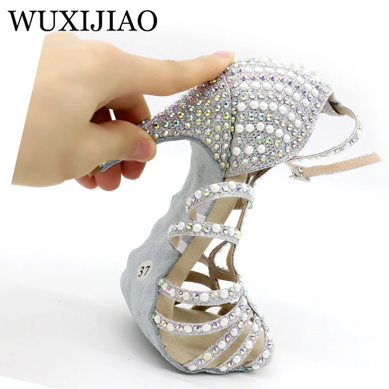 WUXIJIAO Pearl Rhinestones Latin Dance Shoes Women Bachata Salsa Latin Dance Shoes For Girls Vocational Training Shoes