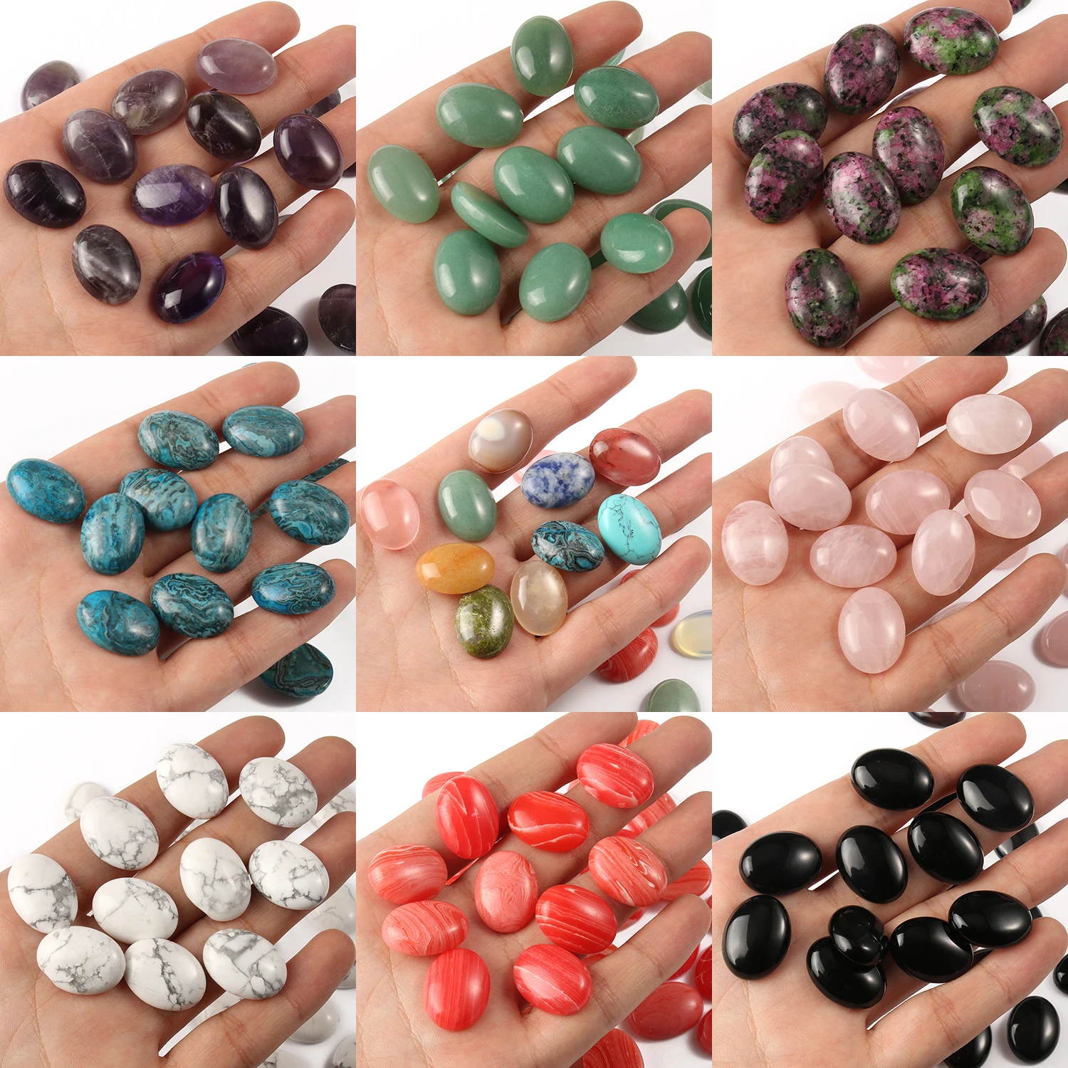 10pcs/lot Mixed Natural Stone Oval CAB CABOCHON Agates Amethysts Rhodochrosite Malachite Beads for DIY Jewelry Making Findings