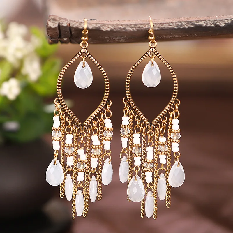 Bohemian Antik Gold Farbe Lange Wasser Tropfen Quaste Ohrringe für Frauen Vintage Bunte Geometrische Tropfen Baumeln Ohrringe Schmuck – Detail 9