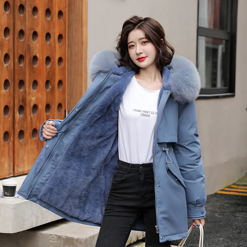 Winter Long Thick Hooded Coat for Women Solid Plus Size Casual Wool Liner Ladies Parkas Female Loose Warm Jacket with Fur Collar