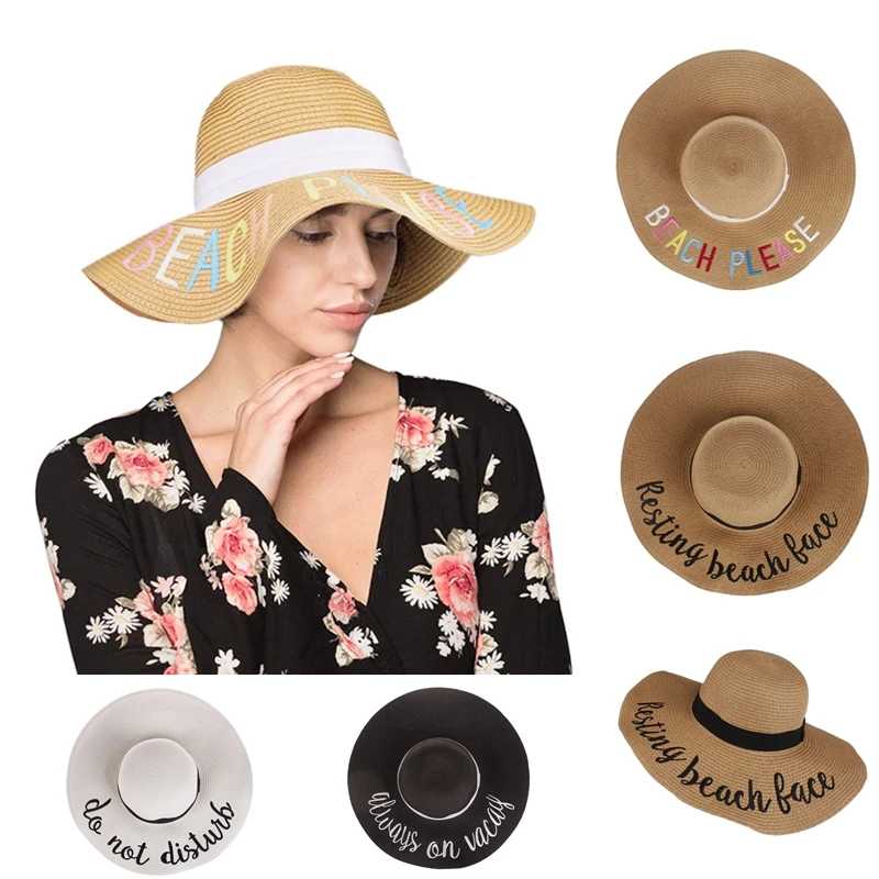 Wide brim color letter embroidery straw hat summer ladies foldable sun hat sea beach big brim hat wholesale