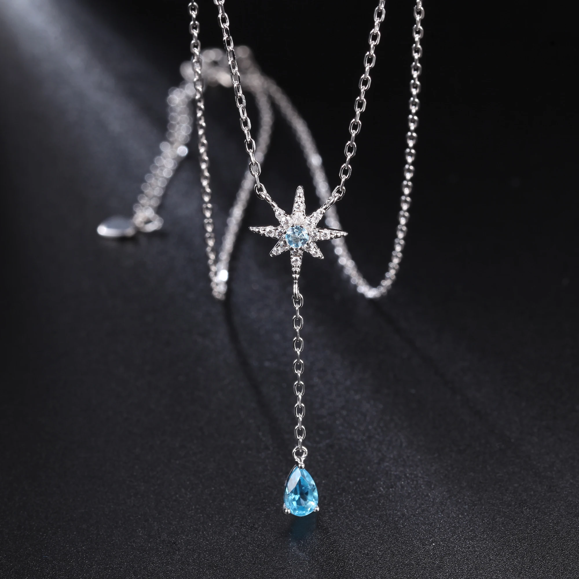 GEM'S BALLET 925 Sterling Silver Rosary Y Shaped Necklace Natural Swiss Blue Topaz Six-pointed Star Necklace For Women Jewelry