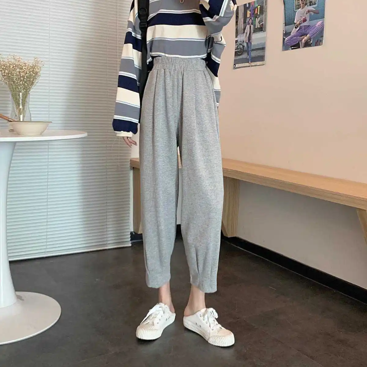 Ankle-length Pants Women Loose Harem Trouser Pocket BF Fashion Ulzzang Streetwear Student Chic Trendy Ins Elastic Waist Workout