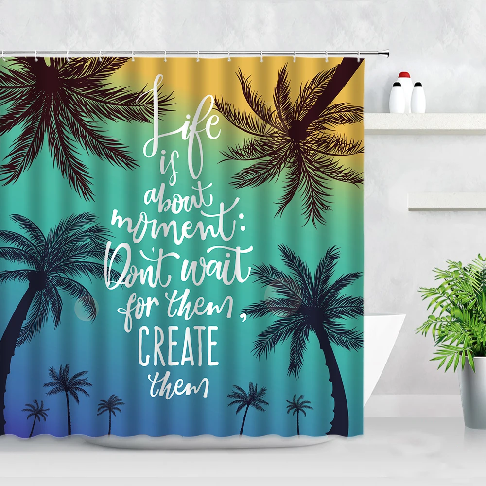 Waterproof Bathroom Shower Curtain Set Hand Painted Palm Tree Art Word Tropical Plant Printing Home Decor Curtains Bath Cloth