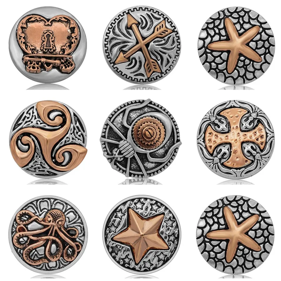 Hot Rose golden Patterns Star Spider octopus Starfish 18MM snap buttons fit DIY 18MM snap bracelet snap jewelry Gift