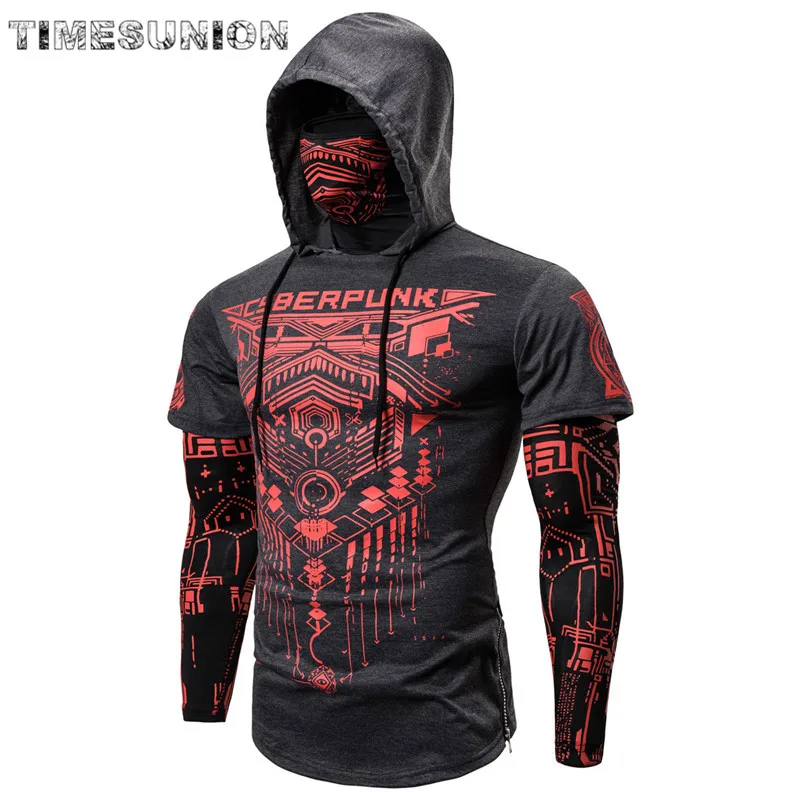 Mens Skull Hoodies Sweatshirt Fake Two Pieces Men Punk Jogging Homme Pullover Elastic Streetwear Hoodie Japan Ninja Suit