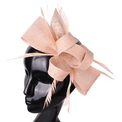 Imitação Sinamay Casamento Headwear, Noiva Champagne Fascinator Chapéu, Pin de cabelo com Penas Extravagantes, Ladies Headdress, Acessórios de cabelo