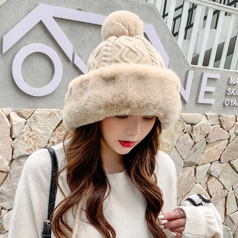 Fashion Faux Fur Knitted Bobble Beanie Hat Cute Pom Pom Ball Cossack Skiing Furry Cap Winter Thicken Warm Knitted Cap Cold-proof