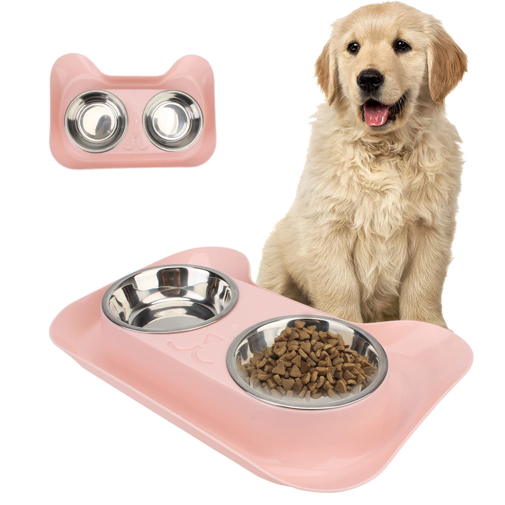 Cat Feeding Dog Cat Food Container tray Double Stainless Steel Dish No Spill Pet Drinking Bowl Food Feeder Leakproof