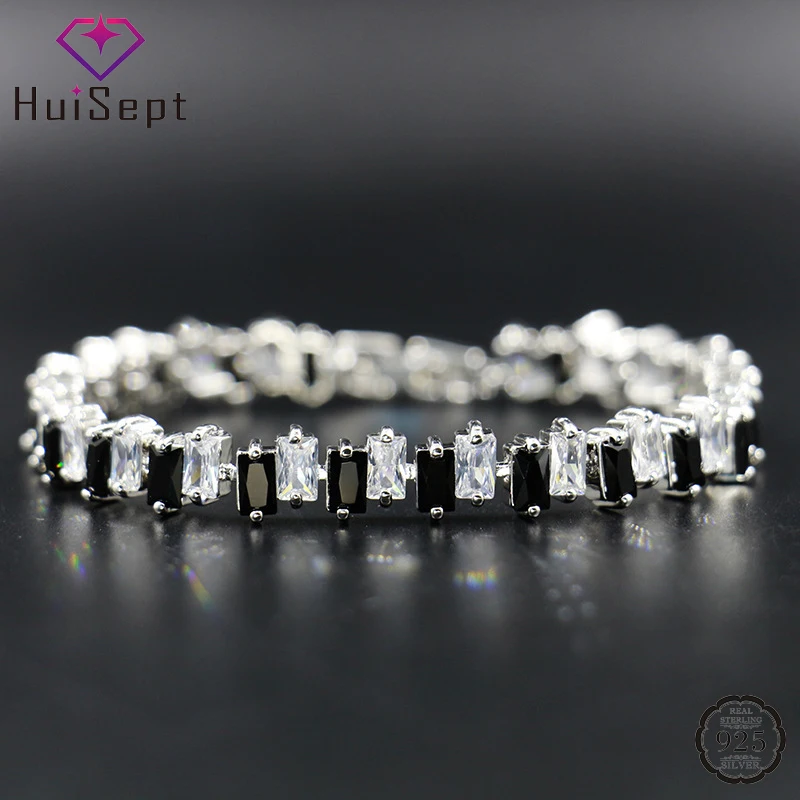 

HuiSept Fashion Charm Bracelet 925 Silver Jewelry Geometric Obsidian Zircon Gemstones Accessories for Women Wedding Engagement