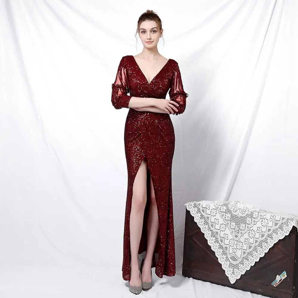 Red Sequined V Neck Hollow Out Half Sleeve Side Split Long Fashion Night Club Dress Sexy Elegant Women Dresses For Wedding Party