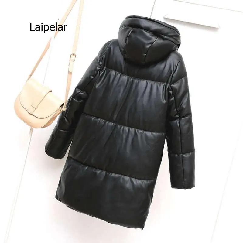 Waterproof Faux PU Leather Long Winter Hooded Jacket Women Fashion Black Warm Quilted Coats Cotton Padded Jackets Outwear