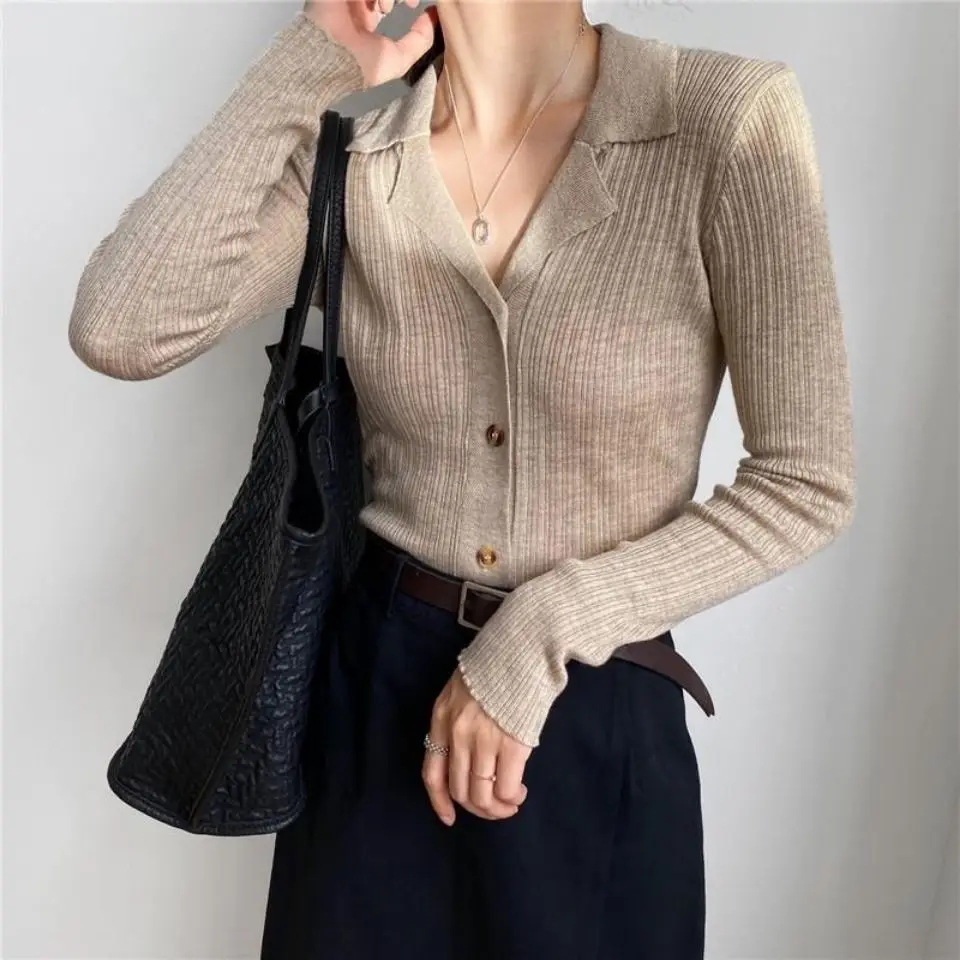 Sweaters Women Notched Office Lady Elegant Simple Korean Style Ulzzang Cardigans Long Sleeve Slim Casual Knitting Female Fashion