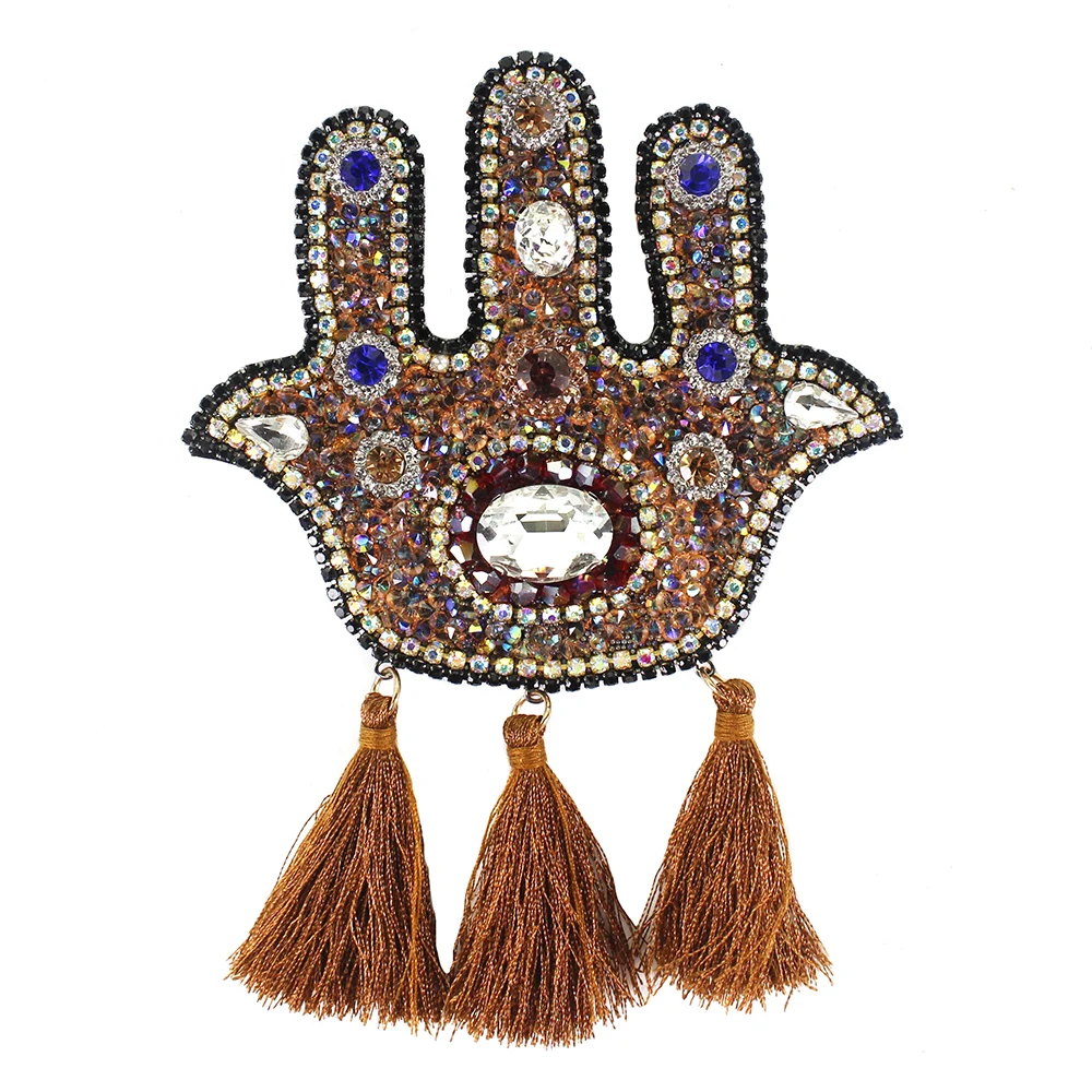 Beaded Crystal Fatima Hand Rhinestone Patches Fringe Badge Sew on Applique Clothes Brooches Decoration Craft Sewing 5 pieces