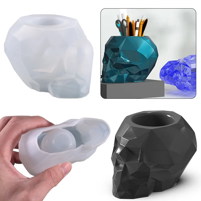 DIY Pen Holder Crystal Epoxy Resin Mold Faceted Skull Succulent Flower Pot Silicone Mold