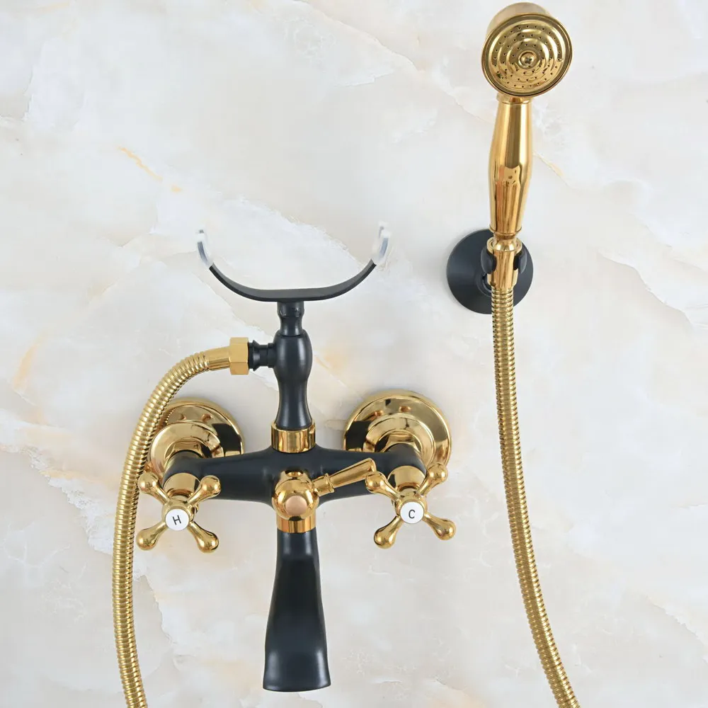 

Black Gold Color Brass Wall Mount Bathroom Tub Faucet Dual Cross Handles Telephone Style Hand Shower Clawfoot Tub Filler ana522